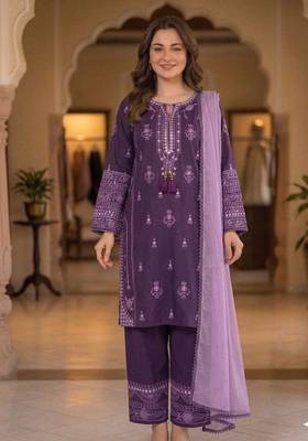 lavender color embroidery and mirror work rayon salwar suit 1