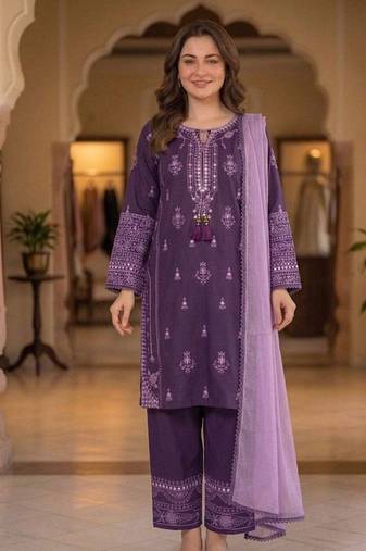 lavender color embroidery and mirror work rayon salwar suit