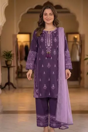 lavender color embroidery and mirror work rayon salwar suit