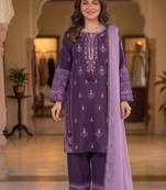 lavender color embroidery and mirror work rayon salwar suit