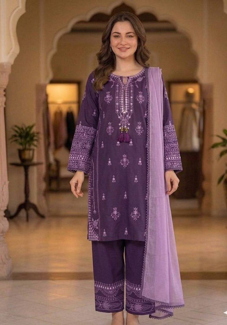 lavender color embroidery and mirror work rayon salwar suit