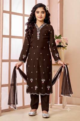 Brown embroidered art silk straight cut kids salwar suits 1