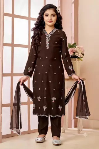 Brown embroidered art silk straight cut kids salwar suits