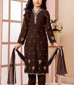 Brown embroidered art silk straight cut kids salwar suits