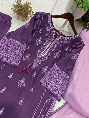 lavender color embroidery and mirror work rayon salwar suit 2