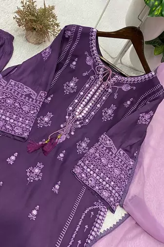 lavender color embroidery and mirror work rayon salwar suit