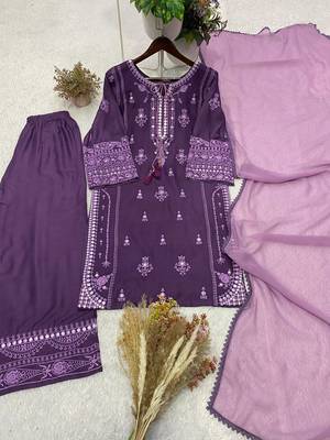 lavender color embroidery and mirror work rayon salwar suit 3