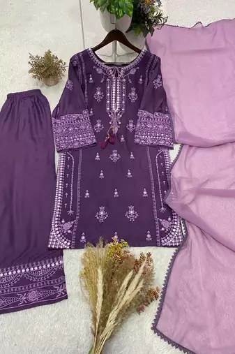 lavender color embroidery and mirror work rayon salwar suit