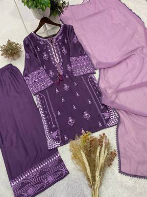 lavender color embroidery and mirror work rayon salwar suit 4