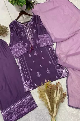 lavender color embroidery and mirror work rayon salwar suit