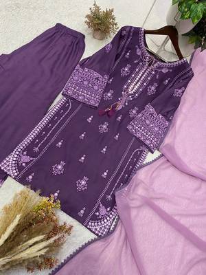 lavender color embroidery and mirror work rayon salwar suit 5