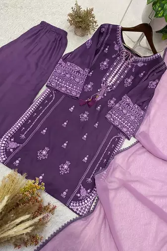 lavender color embroidery and mirror work rayon salwar suit