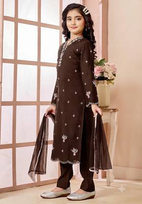 Brown embroidered art silk straight cut kids salwar suits 2