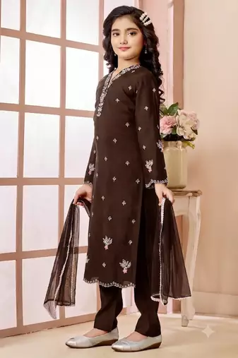 Brown embroidered art silk straight cut kids salwar suits