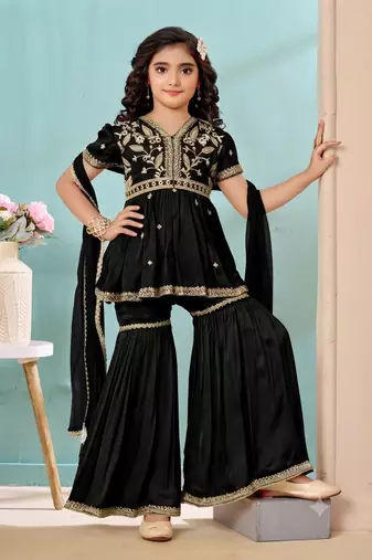 Black embroidered modal silk a line kids salwar suits