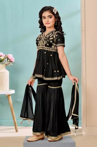 Black embroidered modal silk a line kids salwar suits