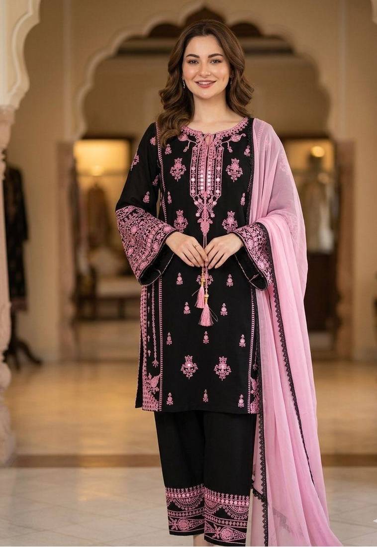 black color embroidery and mirror work rayon salwar suit