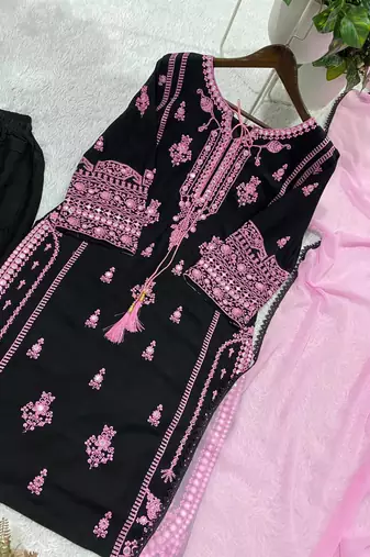 black color embroidery and mirror work rayon salwar suit