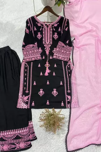 black color embroidery and mirror work rayon salwar suit