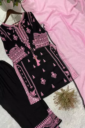 black color embroidery and mirror work rayon salwar suit