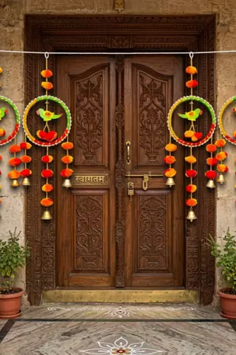handmade parrot ring door hanging decorative pom pom bell latkan for home decoration (pack of 2)