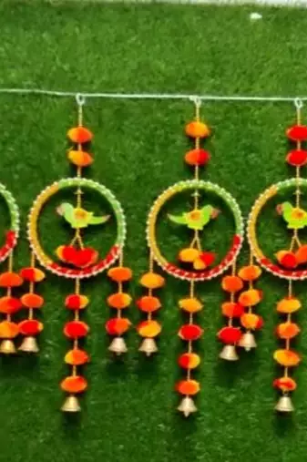 handmade parrot ring door hanging decorative pom pom bell latkan for home decoration (pack of 2)
