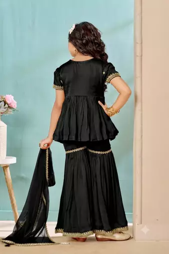 Black embroidered modal silk a line kids salwar suits