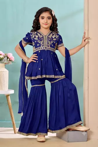 Royal blue embroidered modal silk a line kids salwar suits