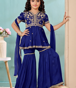 Royal blue embroidered modal silk a line kids salwar suits