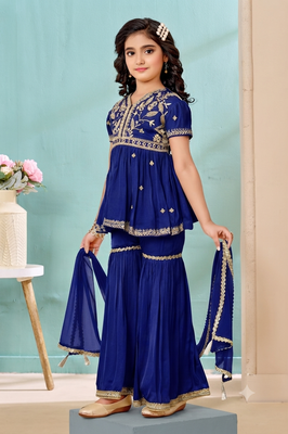 Royal blue embroidered modal silk a line kids salwar suits 2