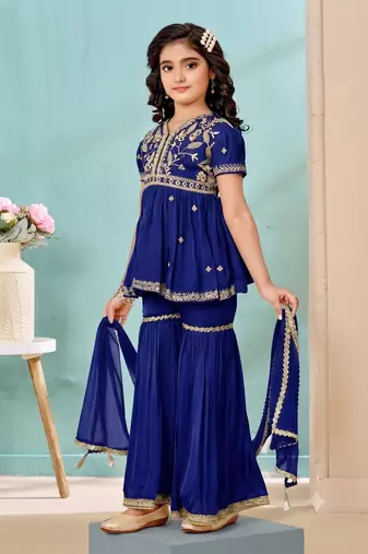 Royal blue embroidered modal silk a line kids salwar suits