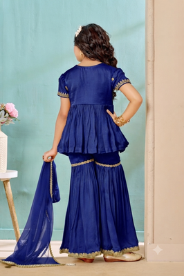 Royal blue embroidered modal silk a line kids salwar suits 3