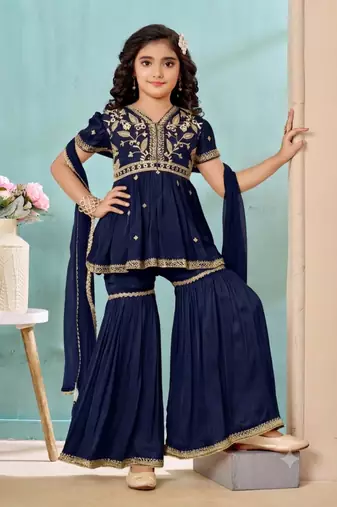 Navy blue embroidered modal silk a line kids salwar suits