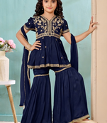 Navy blue embroidered modal silk a line kids salwar suits
