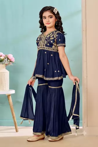 Navy blue embroidered modal silk a line kids salwar suits