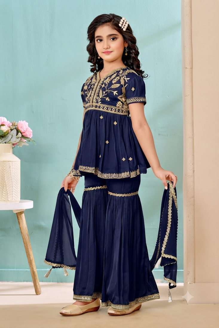 Navy blue embroidered modal silk a line kids salwar suits