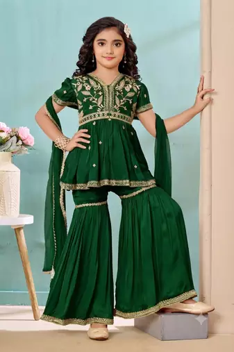 Green embroidered modal silk a line kids salwar suits