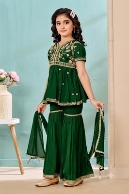 Green embroidered modal silk a line kids salwar suits 2