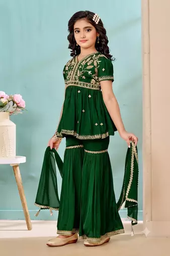 Green embroidered modal silk a line kids salwar suits