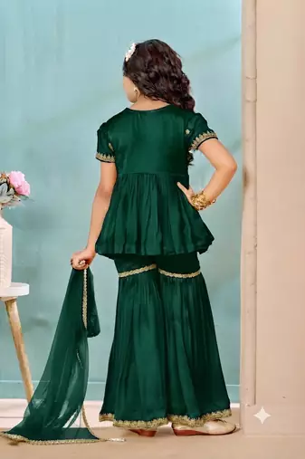 Green embroidered modal silk a line kids salwar suits