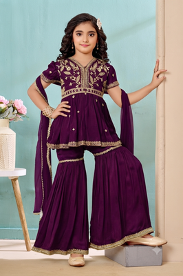 Purple embroidered modal silk a line kids salwar suits 1