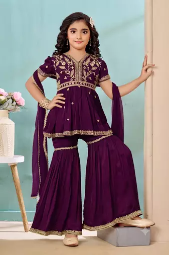 Purple embroidered modal silk a line kids salwar suits