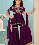 Purple embroidered modal silk a line kids salwar suits