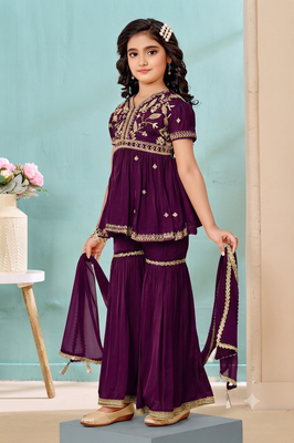 Purple embroidered modal silk a line kids salwar suits 2