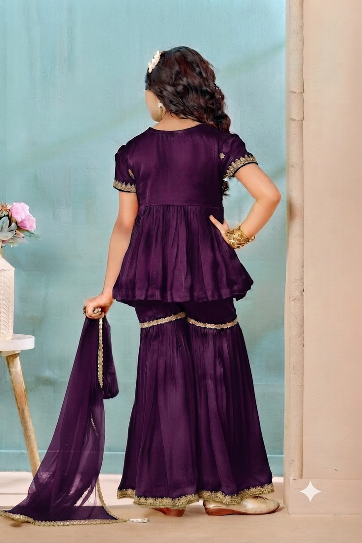 Purple embroidered modal silk a line kids salwar suits