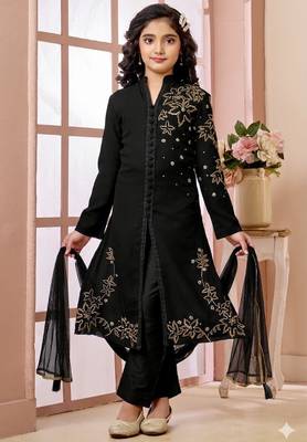 Black embroidered faux georgette straight cut kids salwar suits 1