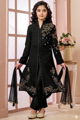 Black embroidered faux georgette straight cut kids salwar suits