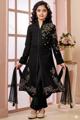 Black embroidered faux georgette straight cut kids salwar suits