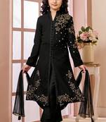 Black embroidered faux georgette straight cut kids salwar suits