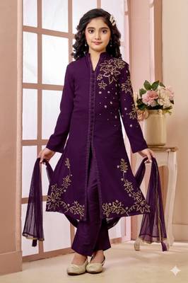 Purple embroidered faux georgette straight cut kids salwar suits 1